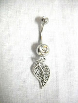 Pretty Scroll Leaf Silver Antiqued Alloy Dangling Charm On Clear Cz Belly Ring - £4.81 GBP