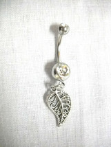 Pretty Scroll Leaf Silver Antiqued Alloy Dangling Charm On Clear Cz Belly Ring - £4.78 GBP