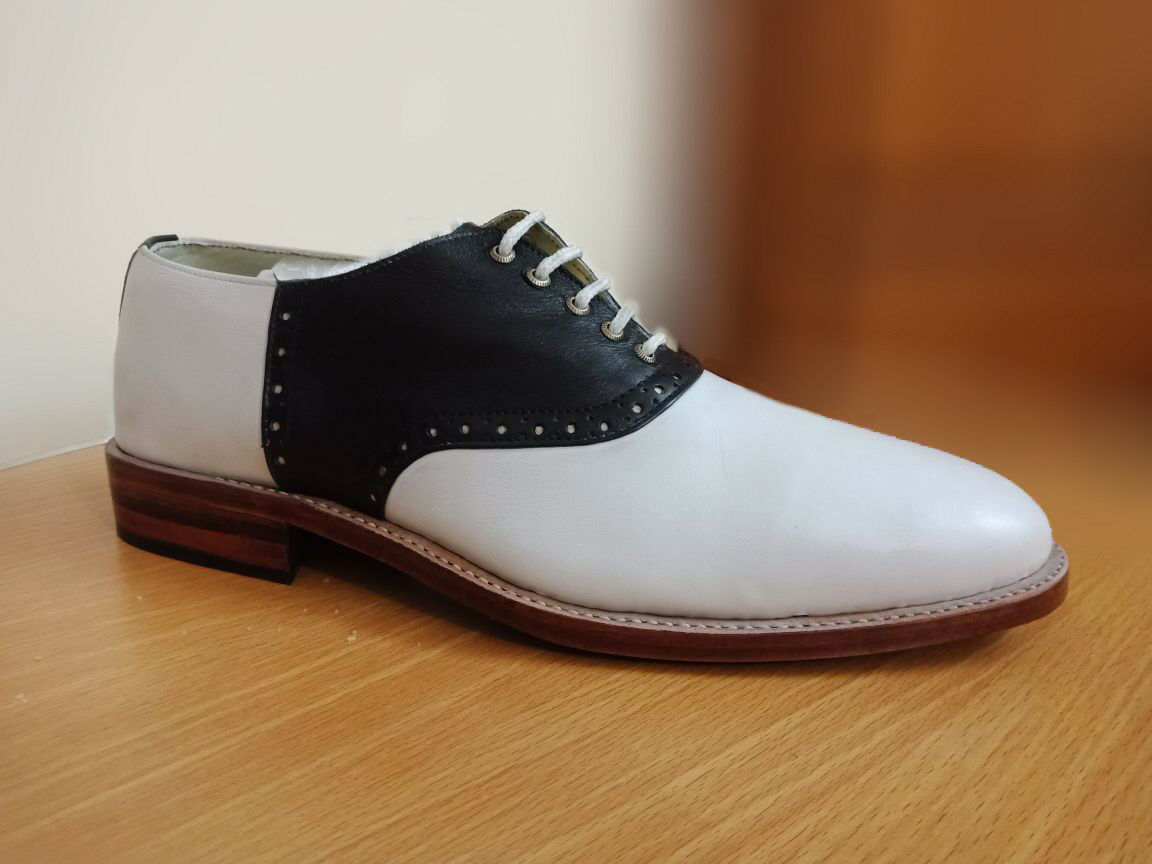Two Tone Black White Cont Derby Plain Rounded Toe Genuine Leather Shoes US 7-16