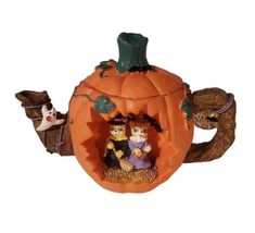 Vintage Halloween Pumpkin Teapot Figure Witch Cats Orange Resin - £21.65 GBP