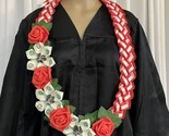 Graduation Money Lei Flower Red &amp; White Roses Leaves Four Braided Ribbons - £59.35 GBP