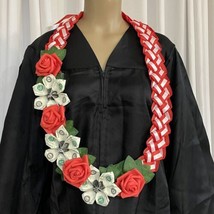 Graduation Money Lei Flower Red &amp; White Roses Leaves Four Braided Ribbons - £58.14 GBP