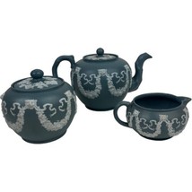 Antique Ridgway Festoon Blue Jasperware Tea Set 1880s England Lion Heads... - £55.57 GBP