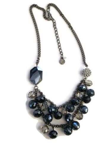 Vera Wang Dark Blue Silver Tone Multi Strand Rhinestone Beaded Ball Bib Necklace - $14.56