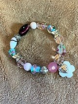 Pink/White/ Turquoise Glass Bead Stretch Bracelet-Silver, Mother of Pearl Accent - £8.72 GBP