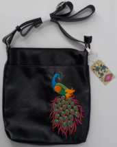 LAVISHY SHOULDER BAG MEDIUM PURSE BLACK FAUX LEATHER EMBROIDERED PEACOCK... - $9.99