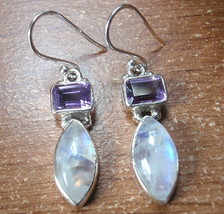 Moonstone Marquise and Faceted Amethyst 925 Sterling Silver Dangle Earrings - £15.81 GBP