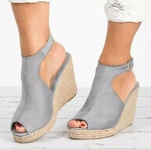 Women&#39;s Wedge Heel Light Grey Peep Toe Platform Espadrille Sandals Size 6-9 - £38.29 GBP