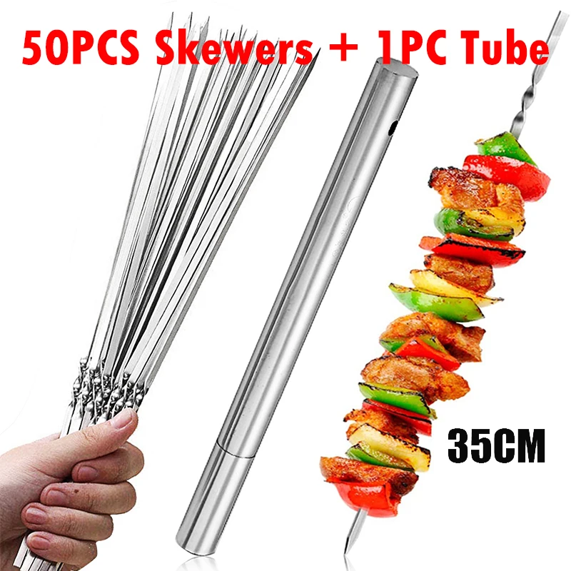 100/50pc Stainless Steel Skewer Flat Barbecue Skewer BBQ Needle Stick Garden Out - £95.43 GBP