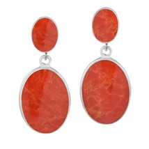 Classy Double Oval Synthetic Coral Inlay Sterling Silver Drop Post Earrings - $22.17