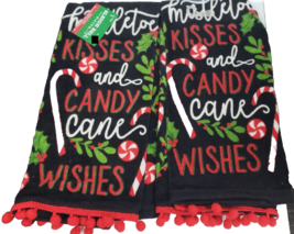 Set Of 2 Same Towels w/pom pom(16&quot;x26&quot;) Christmas Words, Kisses &amp; Candy Canes,Mi - $15.83