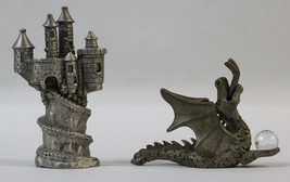 Lot of 2 Spoontiques Pewter Figurines: Dragon Holding Crystal Ball &amp; Castle - $14.99