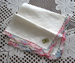 Irish Linen -Peerless-Ladies Handkerchief-Added Blue and Pink Tatting-Ir... - $123.54 MXN