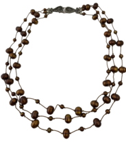 Triple Strand Burgundy Pearl and Silk Cord Necklace with Sterling Silver... - $12.34
