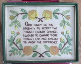 God Grant Me Serenity Prayer Needlepoint Stitched Framed 12”x14.75” Flowers - £27.13 GBP