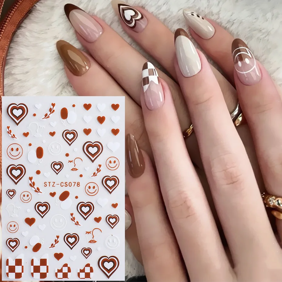 Sporting Coffee Pull Flower Heart Nail Stickers Brown Abstract Face Smile Leaf C - £23.62 GBP
