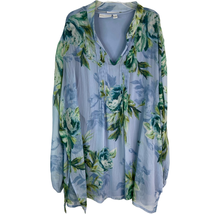 Susan Graver Floral Tunic Top Women 2X Pleated V Neck Long Sleeve Lined Blue - £12.94 GBP