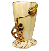 Vintage 11.5&quot; Pearlescent Flower Vase Gold trim by Chic pottery Zanesvil... - $28.49