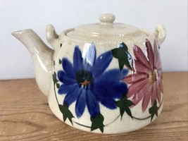Antique Vintage Japanese Blue Red Floral Handpainted Ceramic Pottery Tea Pot 7&quot; - £39.61 GBP
