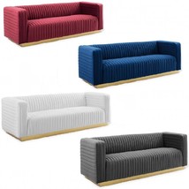 Velvet Sofa Couch Channel Tufted Vintage Glamour Gold Base Maroon Blue White Gry - £879.25 GBP+