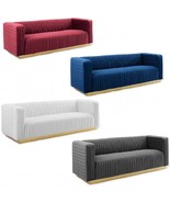 Velvet Sofa Couch Channel Tufted Vintage Glamour Gold Base Maroon Blue W... - $23,008.49 MXN+