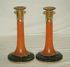 Vintage Candlesticks Bohemian Czech Art Glass Candle Holders Orange Black Floral - £134.03 GBP