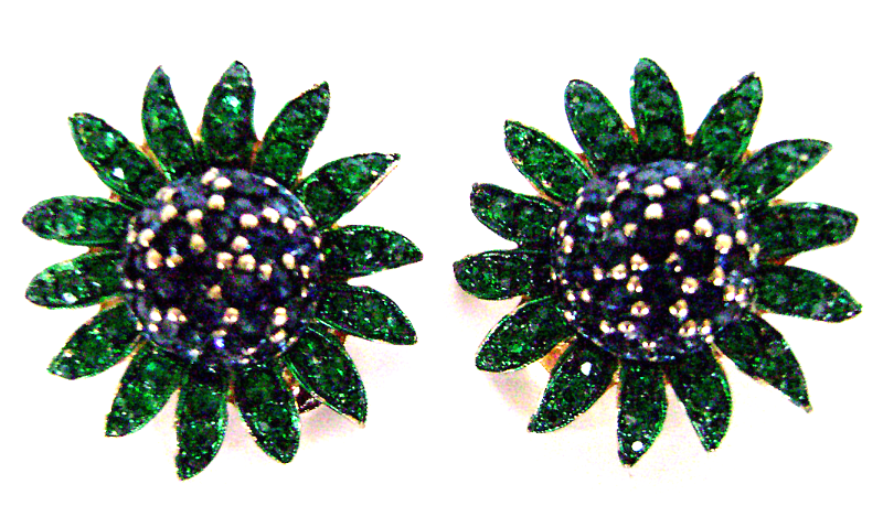 Primary image for  Vintage Avon Green Blue Rhinestone Daisy Clip Earrings Signed Numbered 