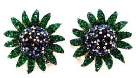  Vintage Avon Green Blue Rhinestone Daisy Clip Earrings Signed Numbered  - $15.00