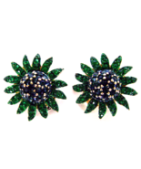  Vintage Avon Green Blue Rhinestone Daisy Clip Earrings Signed Numbered  - £11.95 GBP