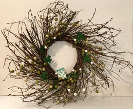 St Patrick&#39;s Day Twig 16&quot; Berry/Pip Wreath With Metal Shamrocks Accents ... - $19.94