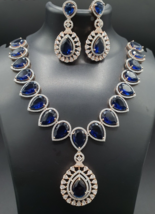 Indian Bollywood Style 18k Gold Filled Necklace Blue Sapphire CZ Jewelry Set - £107.21 GBP