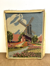 Vintage NEEDLEPOINT WALL ART Windmill mid century modern 60s 70s finished danish - $29.99