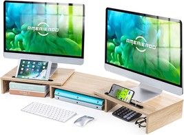 Ameriergo Dual Monitor Stand - Adjustable Length And Angle Dual, Laptop (Wood). - £41.55 GBP