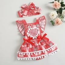 Valentine&#39;s Day Patchwork Pom Pom Heart Baby Girls Romper Jumpsuit &amp; Headband - £4.38 GBP