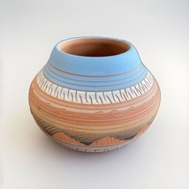 Native American Navajo Etched Pottery Vase Artist Signed Terracotta Soft Blues - £30.62 GBP