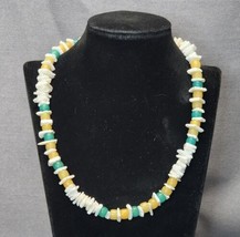 Puka Shell Chip Beaded Necklace Yellow &amp; Green Beads 18&quot; Choker Collar Necklace - £12.64 GBP
