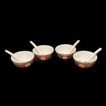 Set 2 Rice Bowls &amp; Spoons Wan Shou Longevity Famille Rose Red Porcelain ... - £23.19 GBP