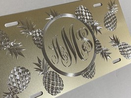 Monogram Pineapple Car Tag Diamond Etched Matte Gold Metal License Plate... - £22.34 GBP