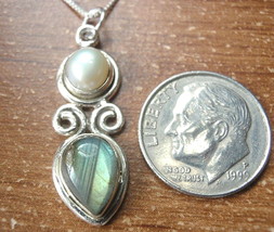 Labradorite and Cultured Pearl 925 Sterling Silver Pendant b40c - £12.89 GBP