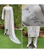 Pakistani Light Gray 3Pcs Fancy Chiffon Dress with thread embroidery ,L - $1,619.04 MXN