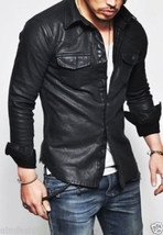 Real Lambskin Leather Handmade Men&#39;s Shirt Stylish Casual BLACK Biker Mo... - £84.90 GBP