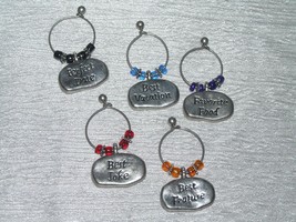 Estate Lot of 5 Silvertone w Colored Beads &amp; Different Sayings Wine Glass Marker - £7.63 GBP