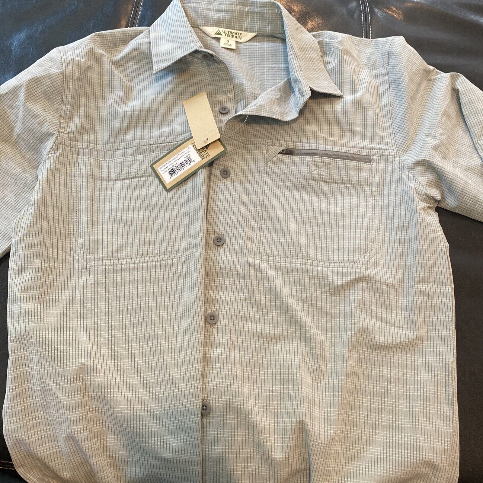 ultimate terrain trailhead hiking long sleeve grey stripe mens S - $54.45