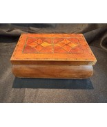 Vintage Wood Jewelry Box Red Satin Interior Geometric Inlay Hinged Lid - $26.25 CAD
