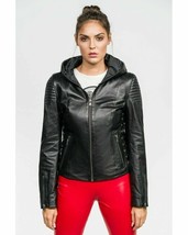 Blouson Cuir Noir Femme Avec Capuche Biker Moto Agneau Taille SML XL XXL - £127.04 GBP