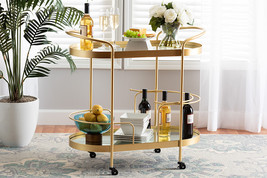 Tarmon Glam Brushed Gold Finished Mirrored Glass 2-Tier Mobile Wine Bar ... - $479.00