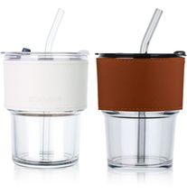 BIGINIWA Glass Tumbler 14 Oz 2 Pack - Iced Coffee Cups with Straw Lid and Protec - £15.92 GBP