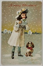 Christmas Sweet Girl and Puppy Red Bow c1910 Postcard S9 - £7.82 GBP