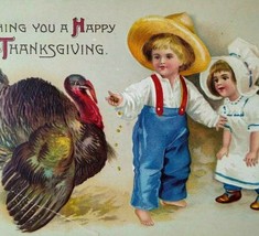 Thanksgiving Postcard Ellen Clapsaddle Unsigned Farmer Boy Feeds Turkey 1908 - £11.08 GBP