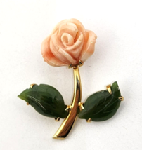 Carved Angel Skin Coral Rose Flower W/ Nephrite Petals Gold Filled Pendant - £597.35 GBP